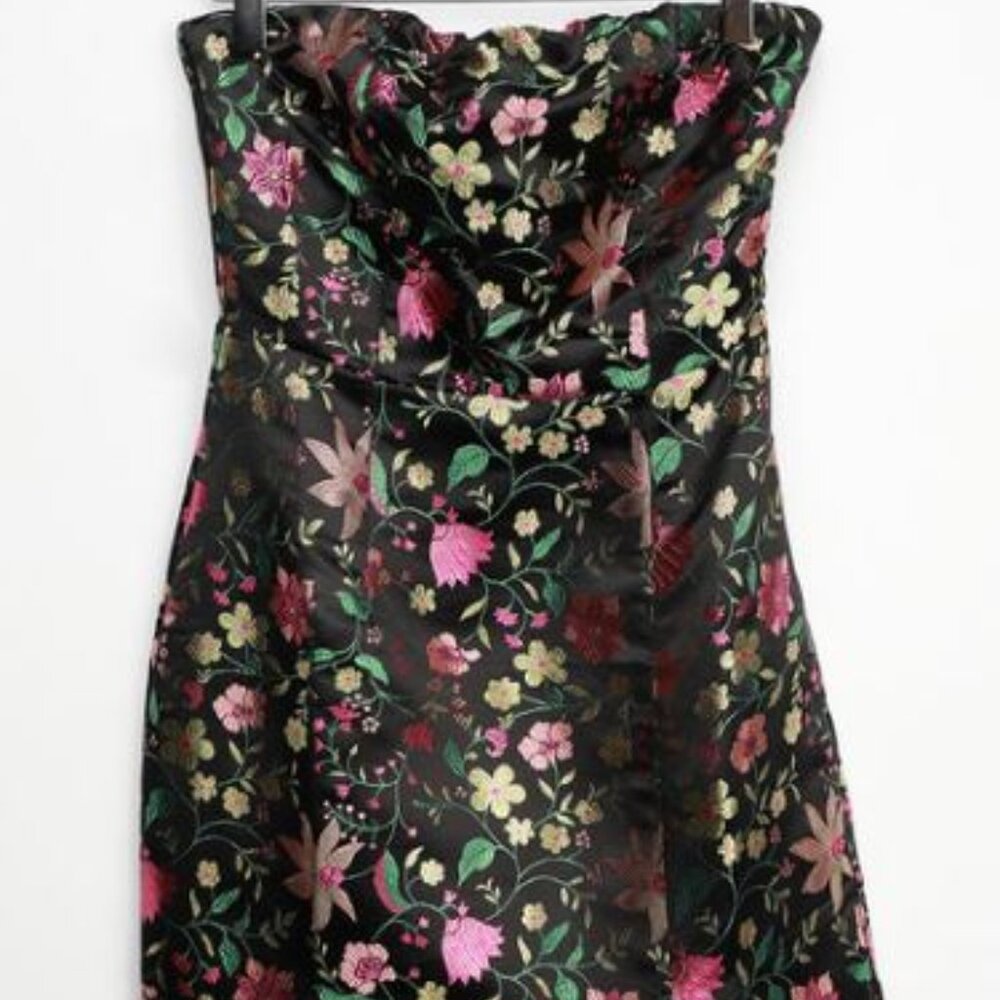 Lulu's Black Strapless Floral Midi Dress with Pink, Yellow & Green Accents - Picture 4 of 9